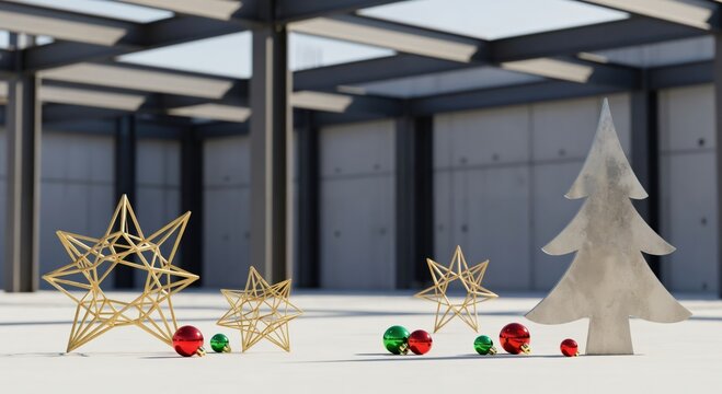 Modern Christmas decorations featuring abstract golden stars, vibrant red and green ornaments, and a sleek metallic tree in a minimalist architectural space.