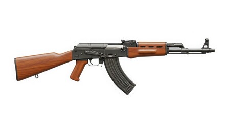Classic ak-47 assault rifle with wooden stock and handguard on white background