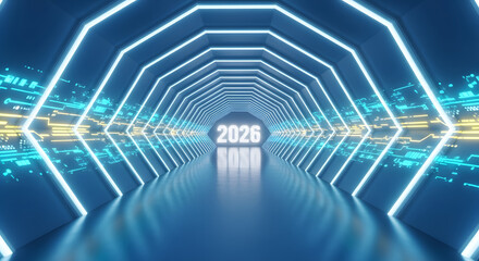 Futuristic digital tunnel leading towards the year 2026, illuminated with vibrant neon lights and abstract technological patterns, representing progress and innovation in the cyber age