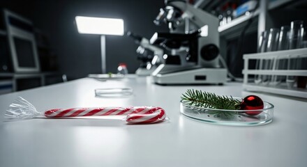 Festive candy cane and Christmas decorations in a scientific laboratory setting, blending holiday cheer with research and experimentation.