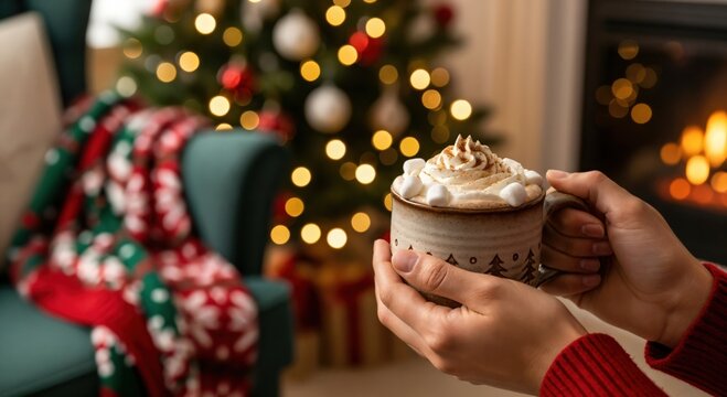 Cozy hands holding a festive mug of hot chocolate with marshmallows and whipped cream by a warm fireplace and decorated Christmas tree