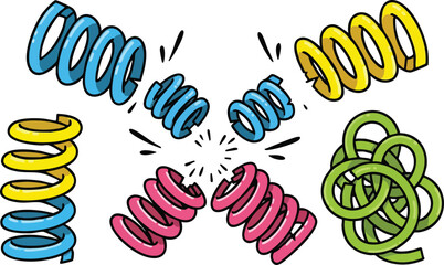 Colorful coiled springs in various arrangements symbolizing energy and movement on white background