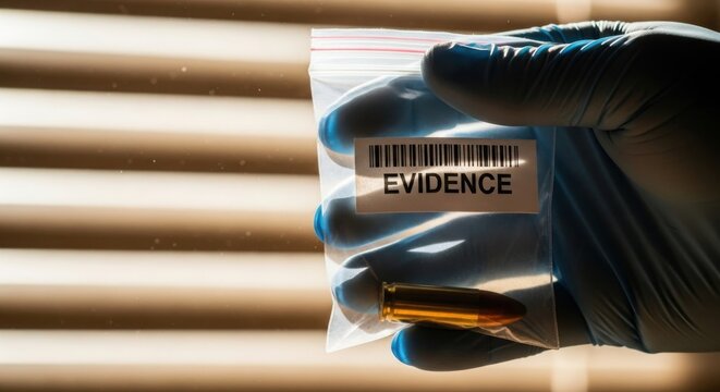 Hand in blue glove holding evidence bag with bullet against warm striped background.