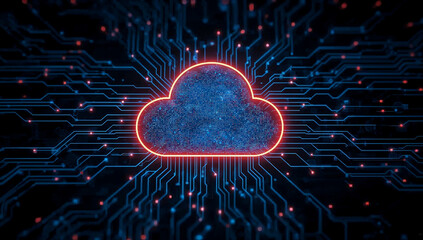 Mesmerizing cloud computing icon with neon circuitry