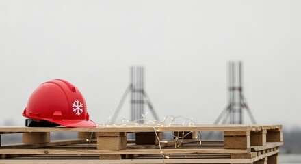 Winter holiday themed red safety helmet with a snowflake decal resting on a wooden pallet at a construction site