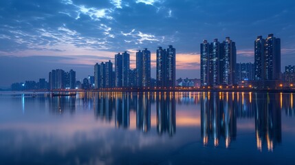 Panoramic view of city skyline at sunset with glowing skyscrapers reflected in a vibrant river