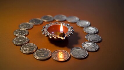 Traditional Indian Diya Lamp Surrounded by Coins on a Wooden Surface.
