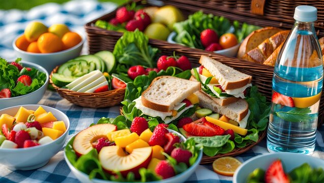 A set of healthy picnic food - Healthy Lifestyle showcasing vibrant nutritious selections designed to motivate balanced choices and elevate refreshing outdoor mealtime experiences