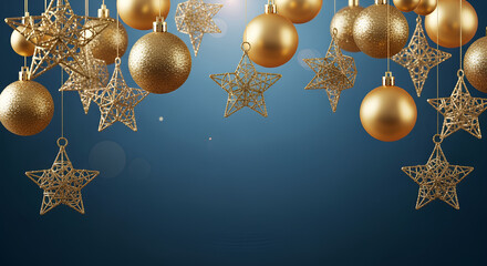 Fototapeta premium Golden stars and baubles hang elegantly against a deep blue backdrop for the holidays