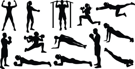 People Performing Various Strength Training, Weightlifting, Bodyweight, and Gym Workout Exercises Vector.