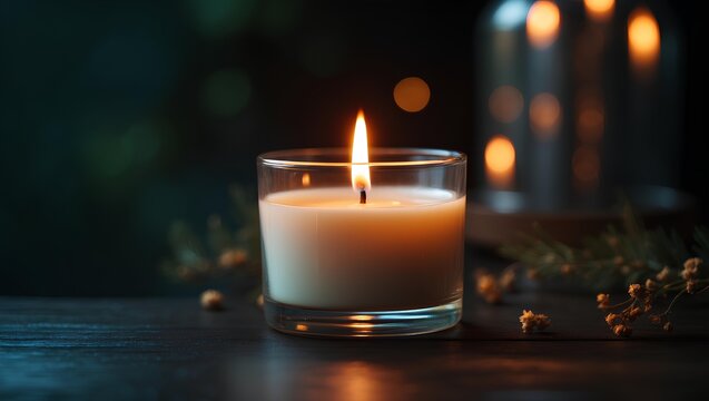 Lit aromatherapy candle in a dark room - Healthy Lifestyle presenting a soothing glow designed to encourage calm deep reflection and nightly well-being