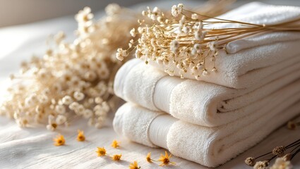 Stacked spa towels with dried flowers for a healthy lifestyle, creating a soothing atmosphere that encourages relaxation, balanced routines, and calming wellness rituals each day
