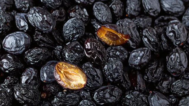 Black Plums: A close-up view presents a tapestry of glistening, deep black plums, inviting a sensory exploration of their texture and subtle variations in shape, alongside a glimpse of the interior
