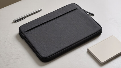 Sleek laptop case with pen and notebook for modern professional, organize your workspace, style and function meet in this minimalist stationery scene