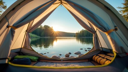 Open tent facing natural lake - Healthy Lifestyle showcasing a serene waterside view framed by soft morning light to inspire mindful outdoor rest and calm living