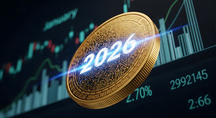Golden Cryptocurrency Coin Featuring the Year 2026, Symbolizing Future Finance and Investment Growth