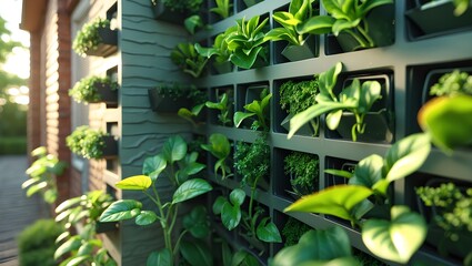 Vertical garden on exterior house wall - Healthy Lifestyle presenting neatly layered plants that encourage balanced sustainable routines and create a calming natural environment