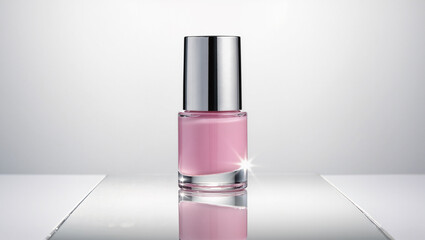 Elegant pink nail polish bottle with chrome cap on reflective surface, perfect for beauty blogs, cosmetics ads, and modern lifestyle content