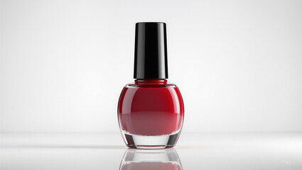 Elegant bottle of red nail polish casting a soft reflection on a white surface, perfect for beauty blogs or cosmetic ads showcasing vibrant colors