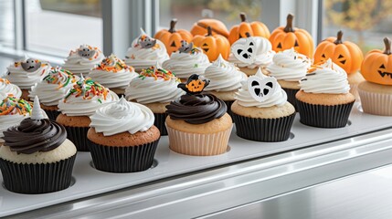 Festive halloween bakery display featuring colorful cupcakes and pastries for the spooky season