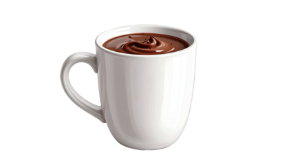 Hot chocolate fills a white mug, swirled on top, solid black back