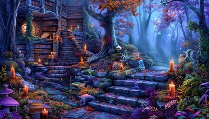 Enchanted library  a spooky yet cozy space with floating books and magical glowing candles