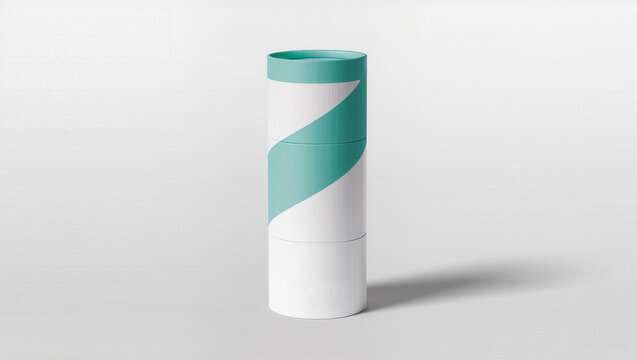Modern cylindrical packaging mockup for branding and product presentation, featuring a clean aesthetic with a turquoise and white design on a neutral surface