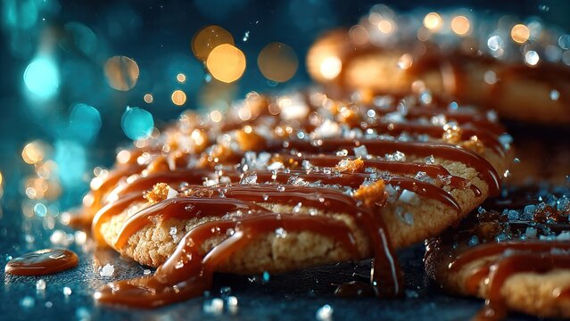 close-up of cookies with salted caramel and sparkling sprinkles