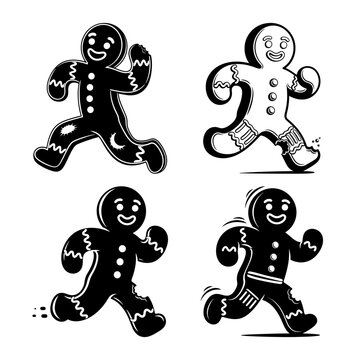 Set of four running gingerbread men silhouettes Christmas vector icons on white background