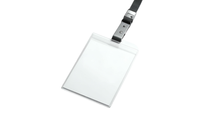 Blank plastic ID badge with lanyard on a black background