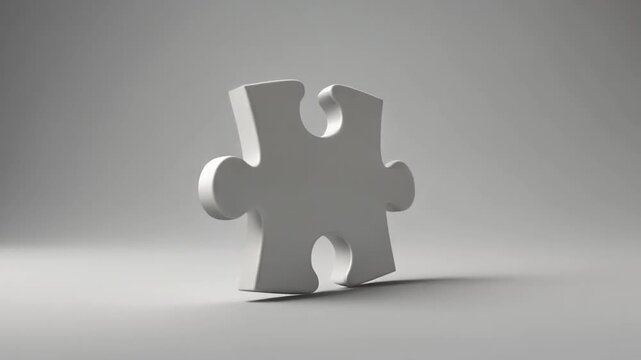 White 3D puzzle piece animation representing problem solving, teamwork, connection, strategy, and conceptual solutions.