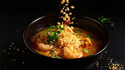 Gastronomic Harmony: A visually captivating display of culinary delight featuring a black bowl, brimming with a flavorful broth, succulent shrimp, and aromatic garnishes.