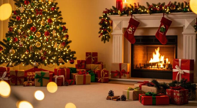 Traditional Christmas Setting with Brightly Lit Tree, Stockings on Mantel, and Gifts Galore