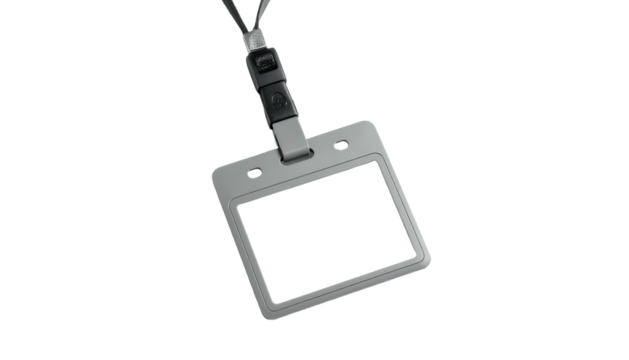 Empty ID badge holder hanging on lanyard against black background