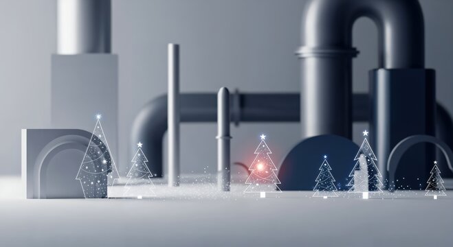 Abstract winter holiday background with geometric forms, industrial elements, and futuristic glowing Christmas trees