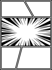 dynamic black and white comic book page panel with a striking radial lines explosion effect in the center. Perfect for adding high action, urgency, and energy to any design or text overlay
