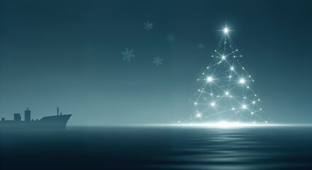 Abstract Glowing Christmas Tree Made of Connected Lights Reflecting on Calm Water with a Distant Ship and Falling Snowflakes, Festive Winter Holiday Background