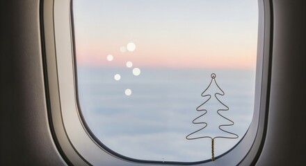 Festive Christmas tree decoration in an airplane window with a serene view of clouds and a colorful sunset sky during holiday travel