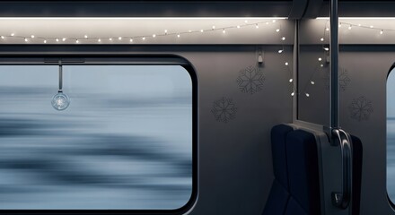 Festive winter train interior with snowflake decorations and string lights during a snowy journey