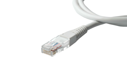 White ethernet cable with clear RJ45 connector against black