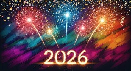 Vibrant new year 2026 fireworks display with golden numbers