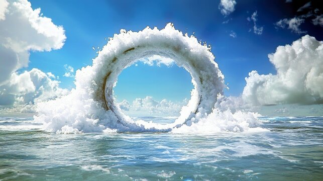 A powerful wave forms a circular portal in the ocean, with a bright blue sky and fluffy white clouds above.