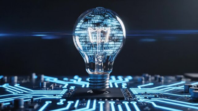 Illuminating AI innovation with glowing lightbulb atop futuristic circuit board, symbolizing technological breakthroughs and intelligent solutions