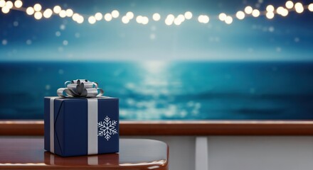 Elegant blue gift box with snowflake and silver ribbon on a wooden table, overlooking a sparkling ocean at night with festive string lights, symbolizing holiday travel and winter celebration.
