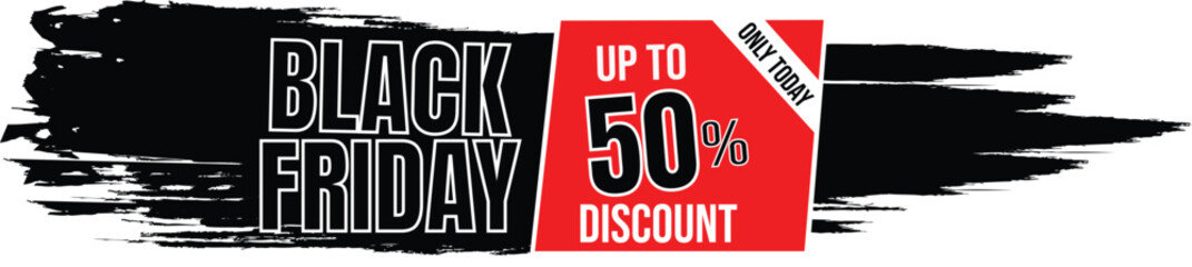 Black Friday sale graphic with up to 50% discount advertised on a red background with brush stroke elements.