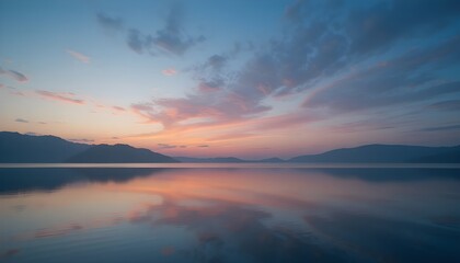 Fototapeta premium Pastel sky reflecting on still water at sunrise 