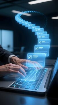 A futuristic workflow automation digital checklist data management cloud computing cybersecurity business analytics blue neon office with laptop technology, virtual interface holograms, approval