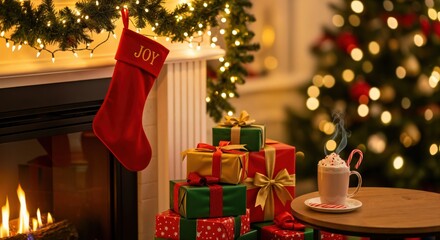 Cozy Christmas Fireplace Scene with Red Stocking, Wrapped Gifts, and Hot Chocolate by a Lit Tree