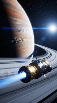 Cosmic Voyager Navigating Through a Ringed Celestial Body in a Starry Galaxy