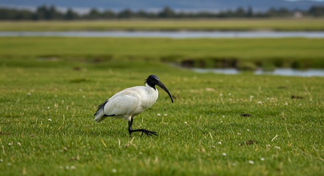 Black-headed ibis in lush green meadow near water, with trees and a cloudy sky in background